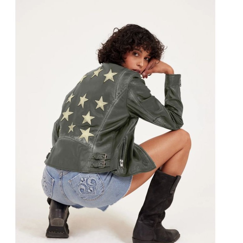 Mauritius Leather Women's Christy Scatter Star Motorcycle Lambskin Jacket Green